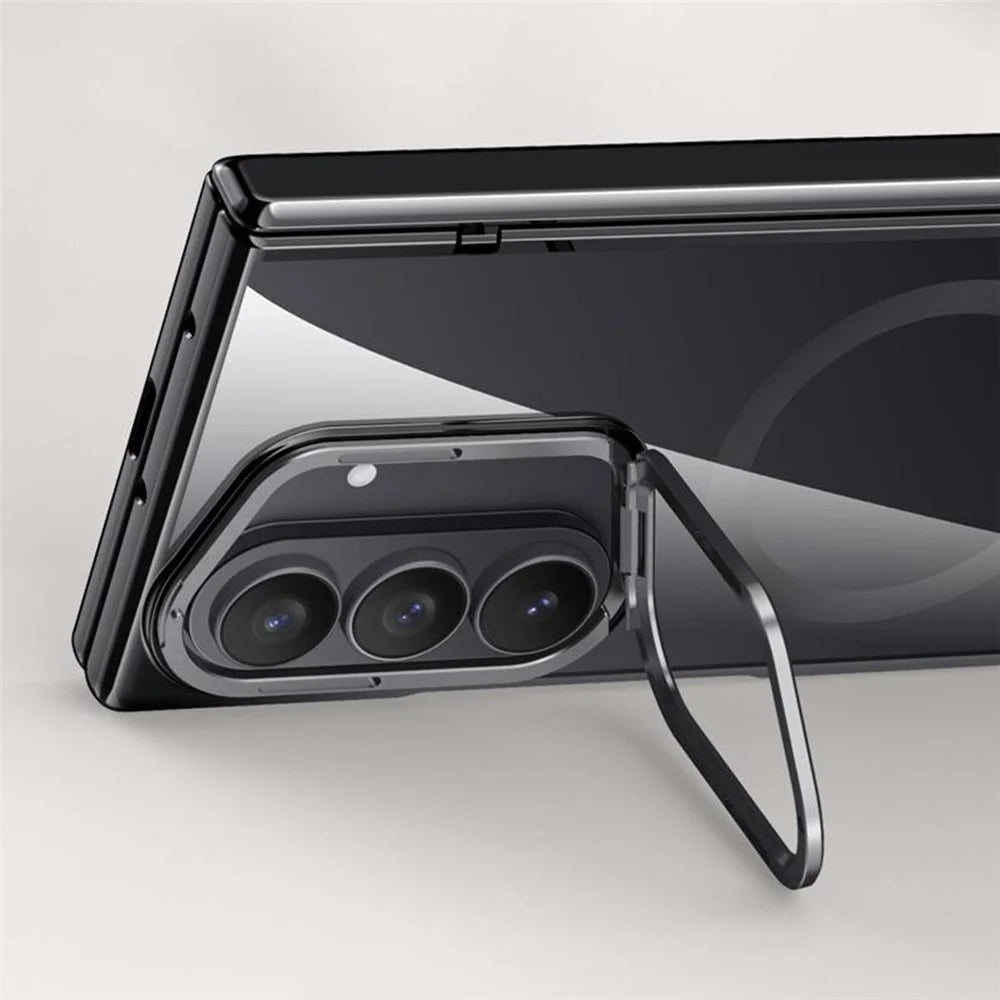 For Samsung Galaxy Z Fold7 5G Magnetic Case PC + Acrylic Phone Cover with HD Tempered Glass Film, Lens Kickstand - Black - 7