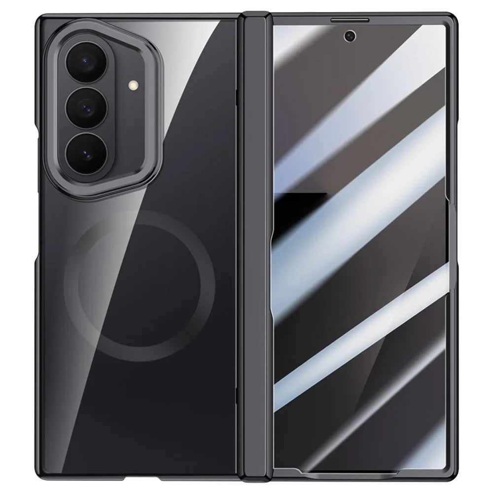 For Samsung Galaxy Z Fold7 5G Magnetic Case PC + Acrylic Phone Cover with Anti-Spy Screen Protector, Lens Kickstand - Black - 1
