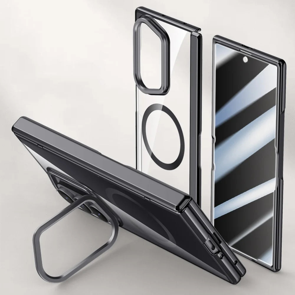For Samsung Galaxy Z Fold7 5G Magnetic Case PC + Acrylic Phone Cover with Anti-Spy Screen Protector, Lens Kickstand - Black - 2