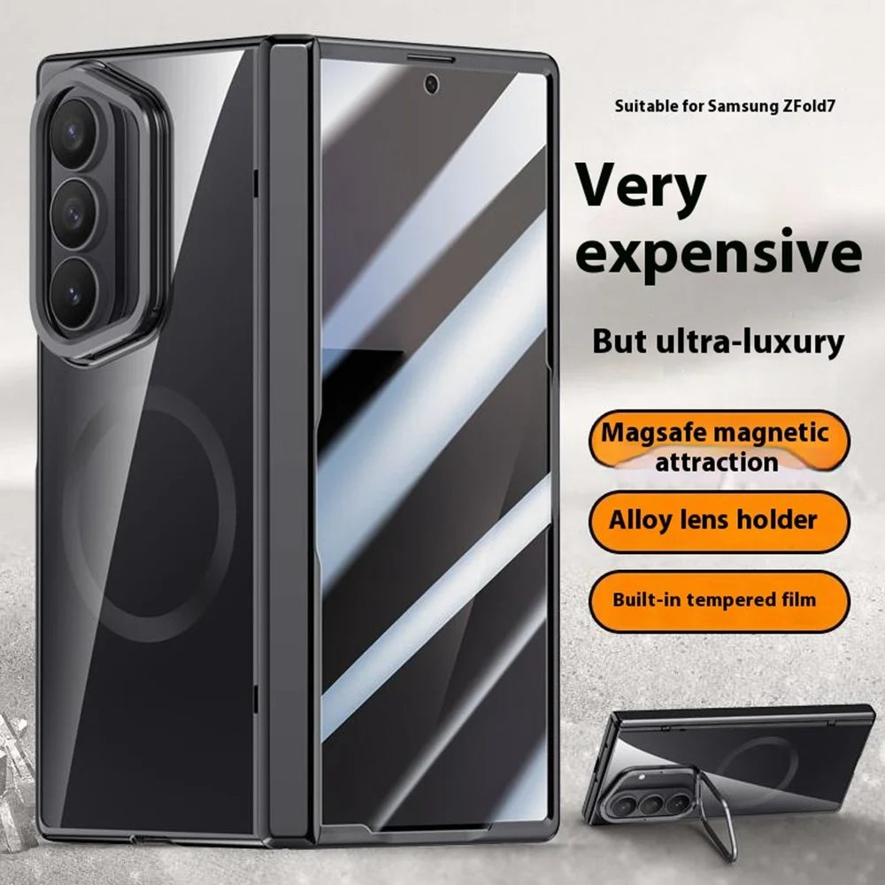 For Samsung Galaxy Z Fold7 5G Magnetic Case PC + Acrylic Phone Cover with Anti-Spy Screen Protector, Lens Kickstand - Black - 3