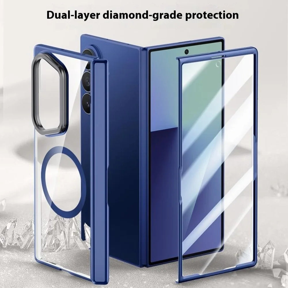For Samsung Galaxy Z Fold7 5G Magnetic Case PC + Acrylic Phone Cover with Anti-Spy Screen Protector, Lens Kickstand - Black - 7