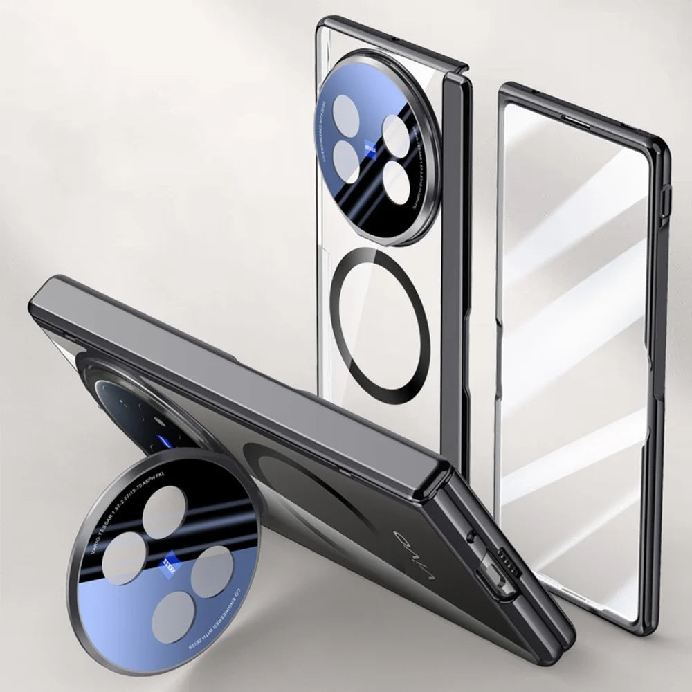 For vivo X Fold5 5G Magnetic Case PC + Acrylic Phone Cover with HD Tempered Glass Film, Lens Kickstand - Black - 2