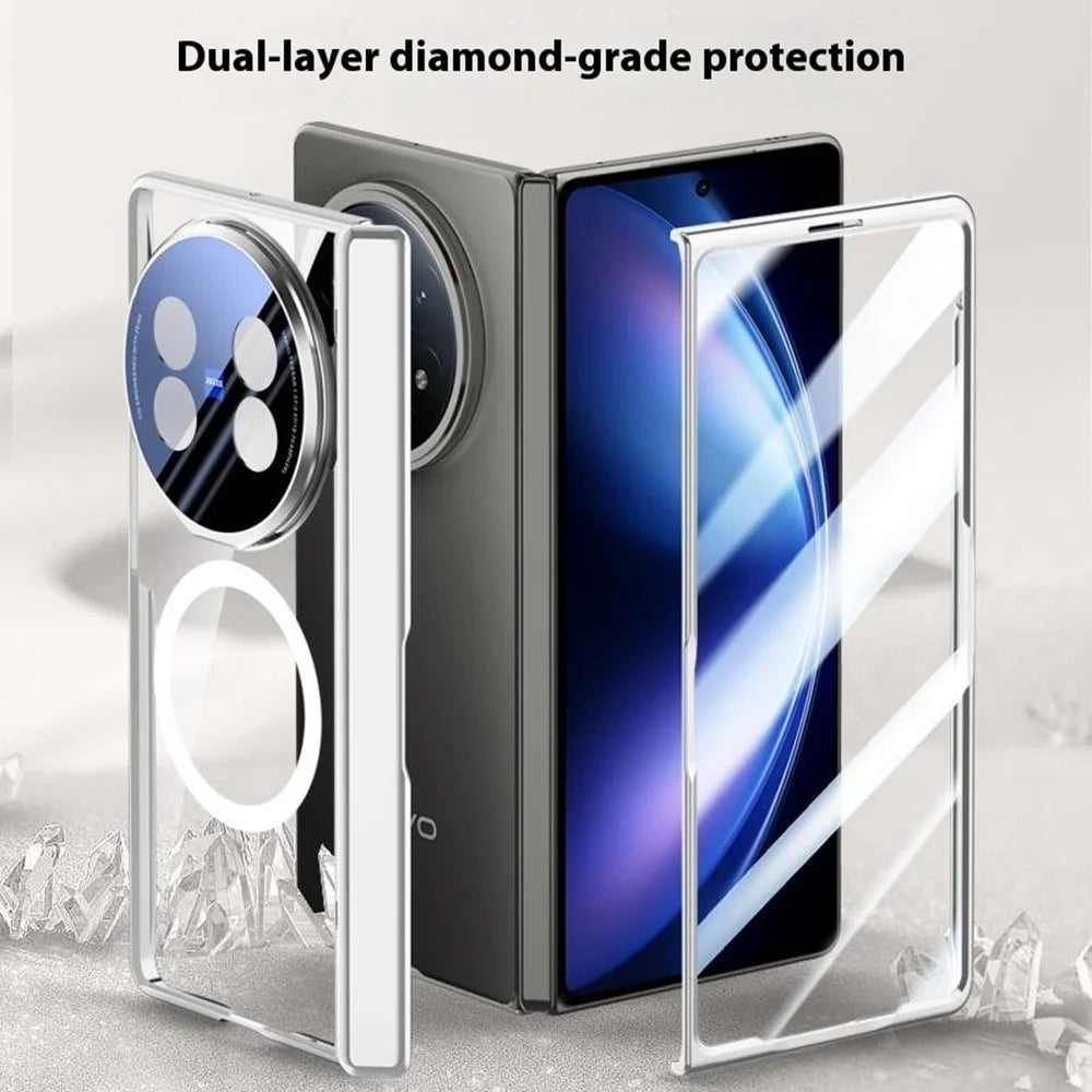For vivo X Fold5 5G Magnetic Case PC + Acrylic Phone Cover with HD Tempered Glass Film, Lens Kickstand - Black - 6