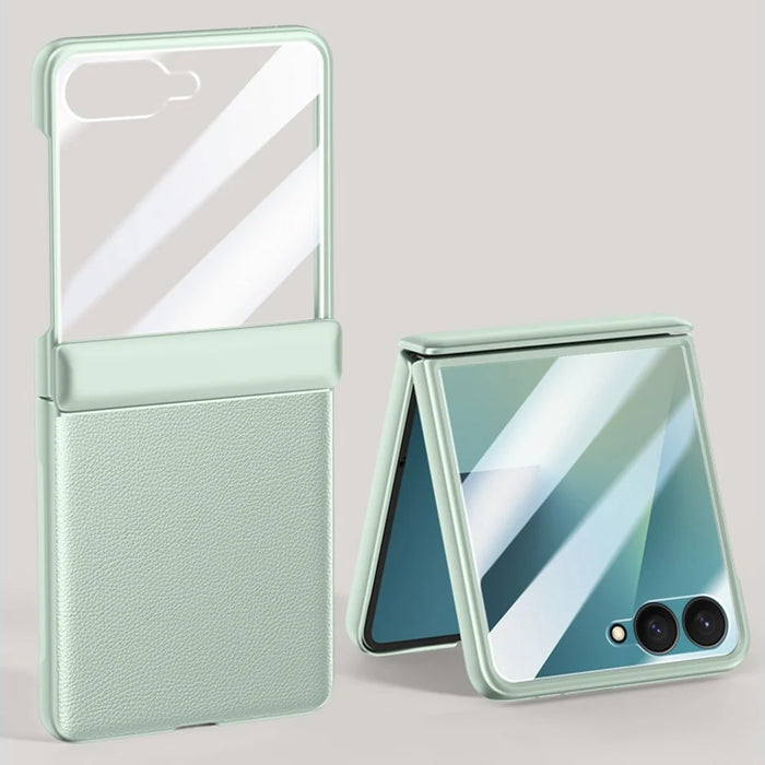 For Samsung Galaxy Z Flip7 5G Case Leather + PC Phone Cover HD Rear Small Screen Protector - Green - 2