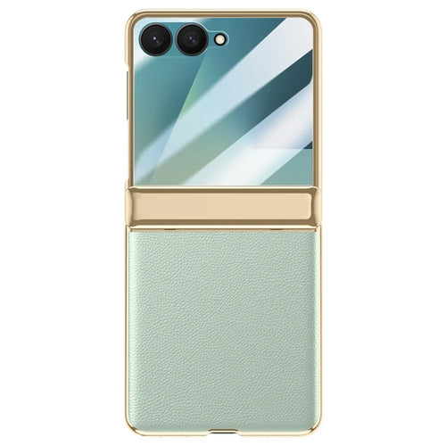 For Samsung Galaxy Z Flip7 5G Case Hinge Protection Leather + PC Electroplated Phone Cover with HD Rear Small Screen Protector - Green - 1
