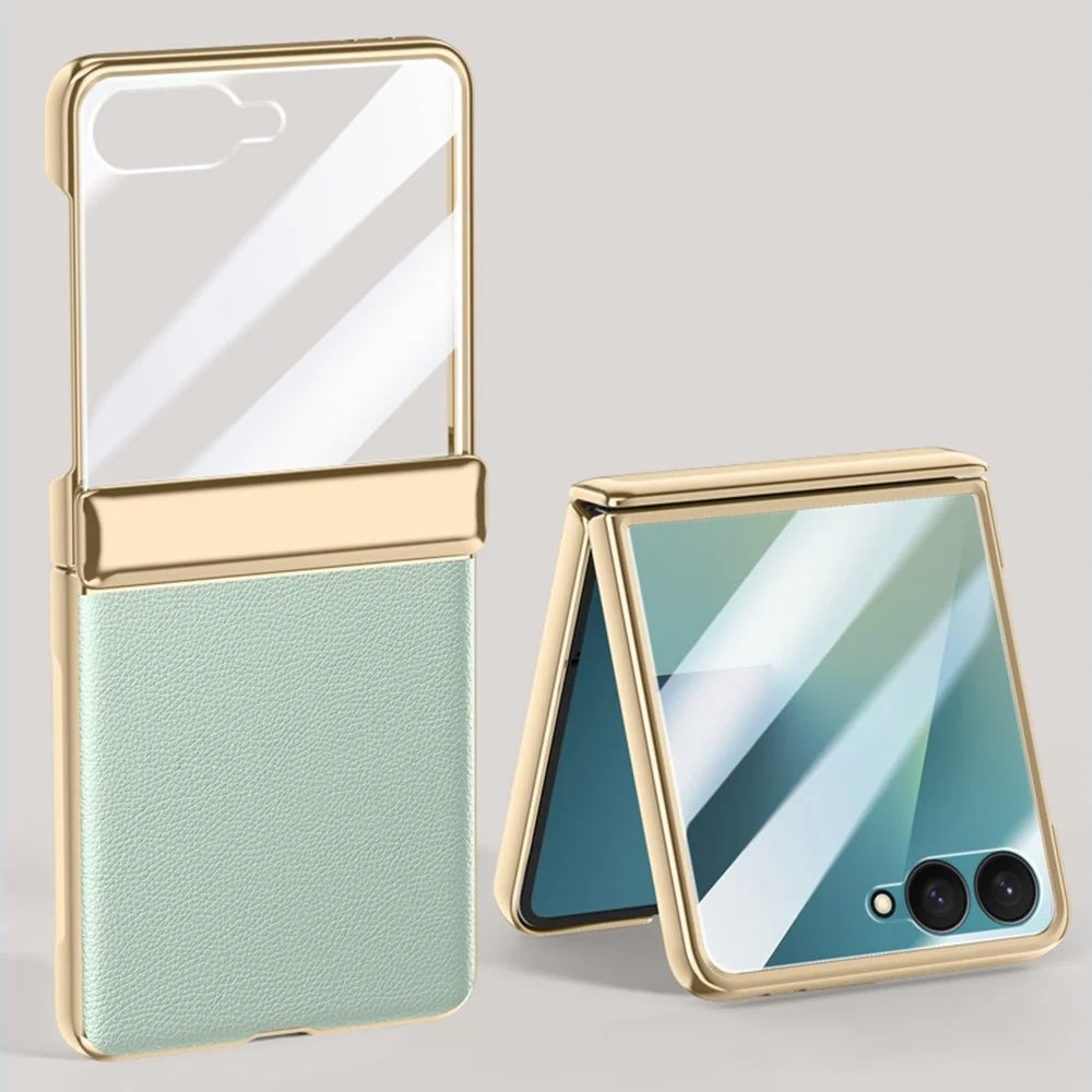 For Samsung Galaxy Z Flip7 5G Case Hinge Protection Leather + PC Electroplated Phone Cover with HD Rear Small Screen Protector - Green - 2