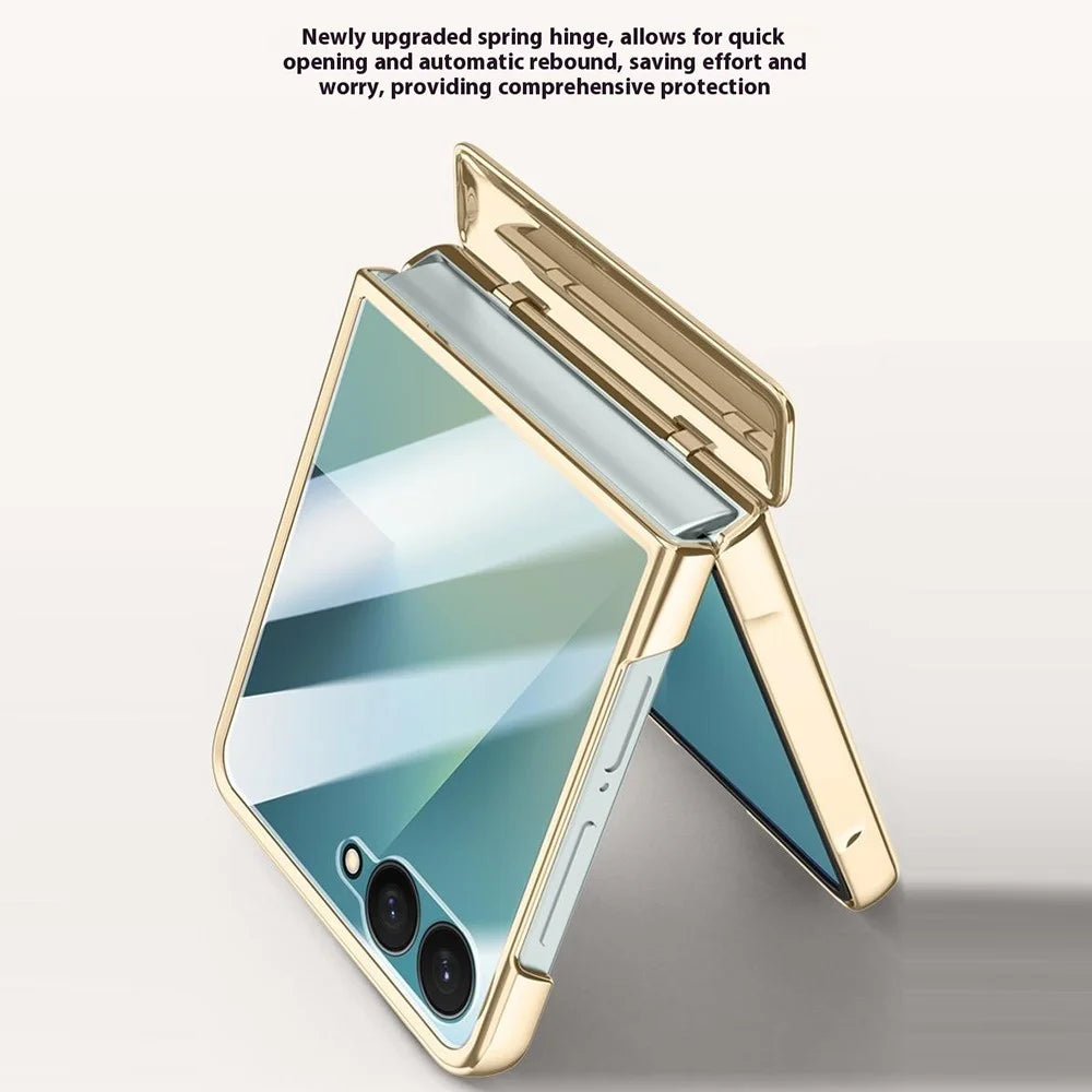 For Samsung Galaxy Z Flip7 5G Case Hinge Protection Leather + PC Electroplated Phone Cover with HD Rear Small Screen Protector - Green - 3