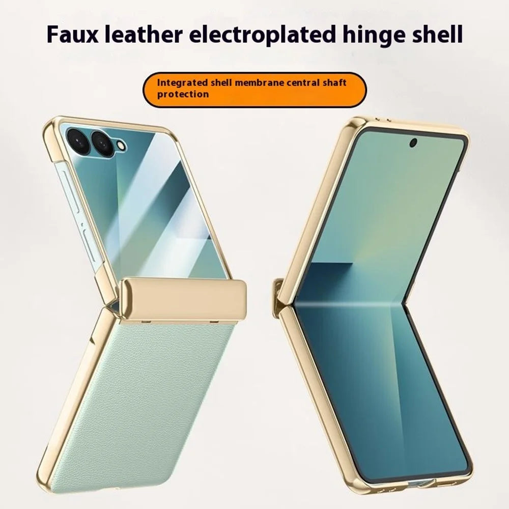 For Samsung Galaxy Z Flip7 5G Case Hinge Protection Leather + PC Electroplated Phone Cover with HD Rear Small Screen Protector - Green - 4