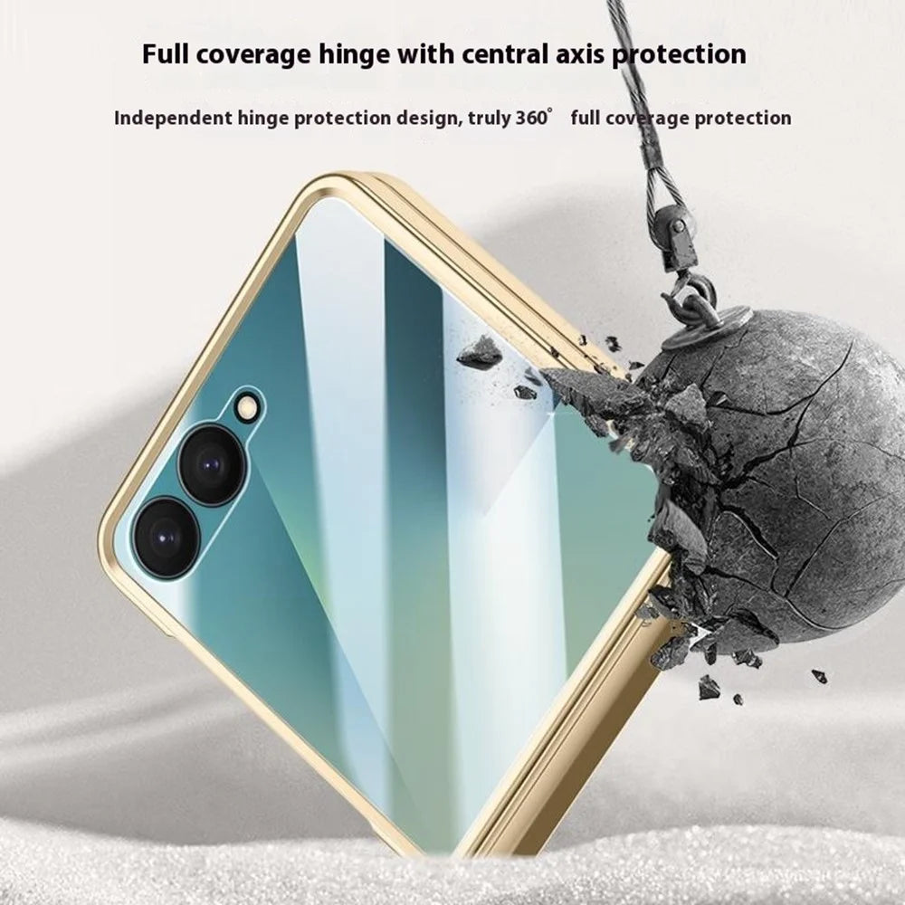 For Samsung Galaxy Z Flip7 5G Case Hinge Protection Leather + PC Electroplated Phone Cover with HD Rear Small Screen Protector - Green - 5