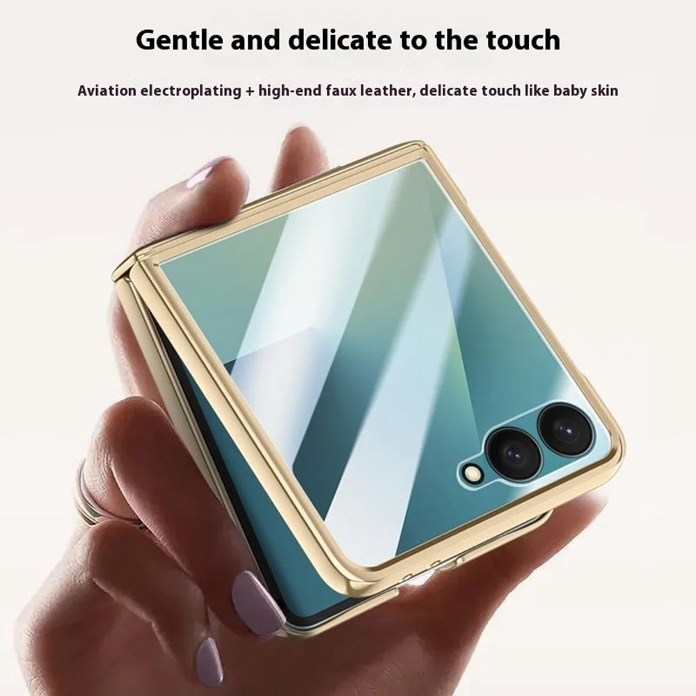 For Samsung Galaxy Z Flip7 5G Case Hinge Protection Leather + PC Electroplated Phone Cover with HD Rear Small Screen Protector - Green - 6