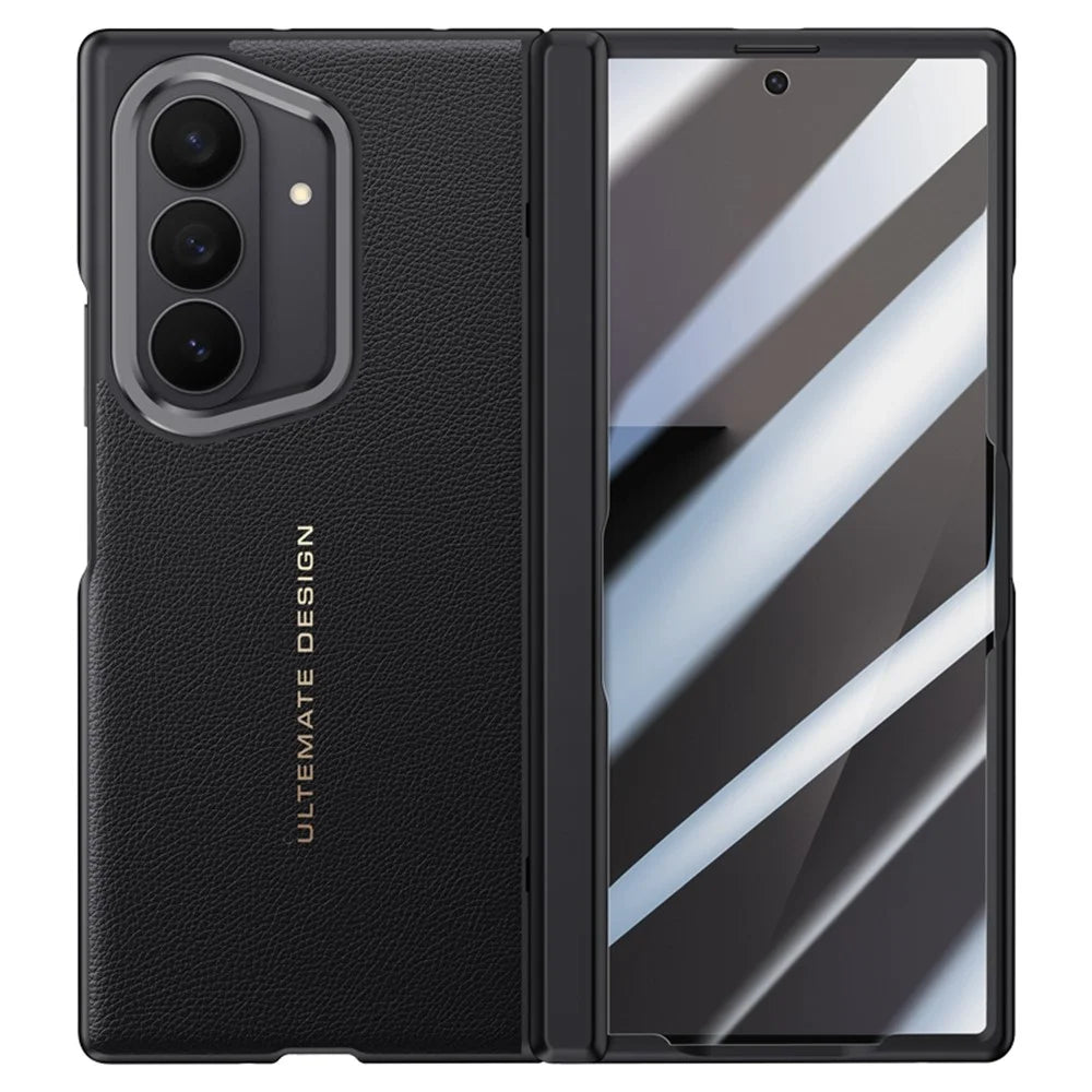 For Samsung Galaxy Z Fold7 5G Case Leather + PC Phone Cover with HD Tempered Glass Film, Lens Kickstand - Black - 1