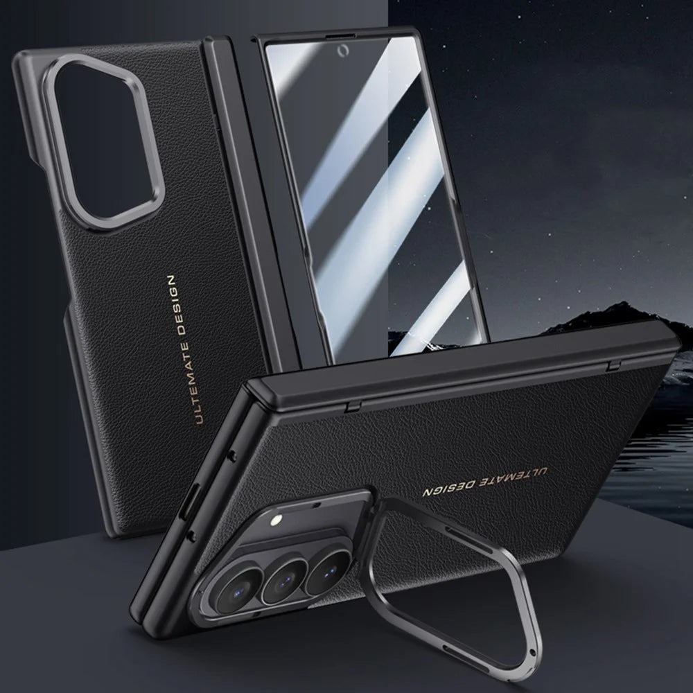 For Samsung Galaxy Z Fold7 5G Case Leather + PC Phone Cover with HD Tempered Glass Film, Lens Kickstand - Black - 2