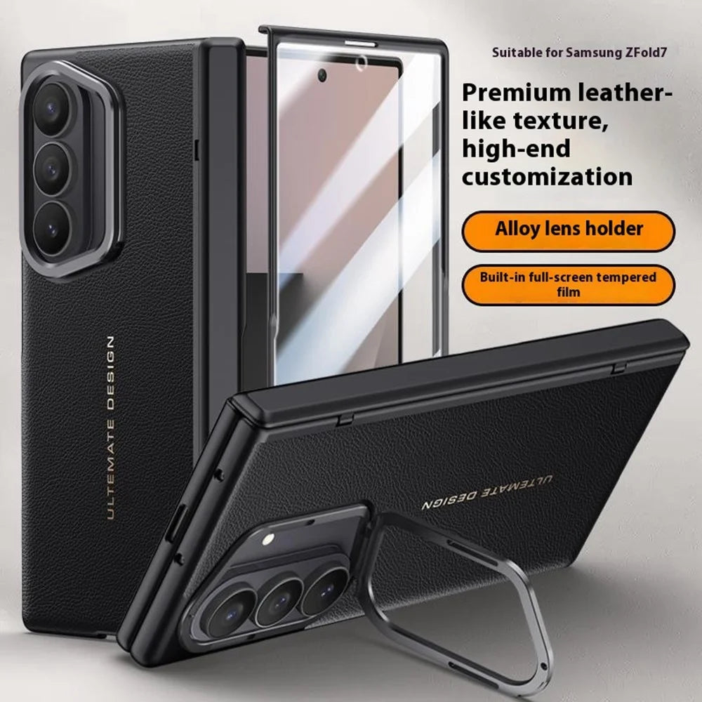 For Samsung Galaxy Z Fold7 5G Case Leather + PC Phone Cover with HD Tempered Glass Film, Lens Kickstand - Black - 3