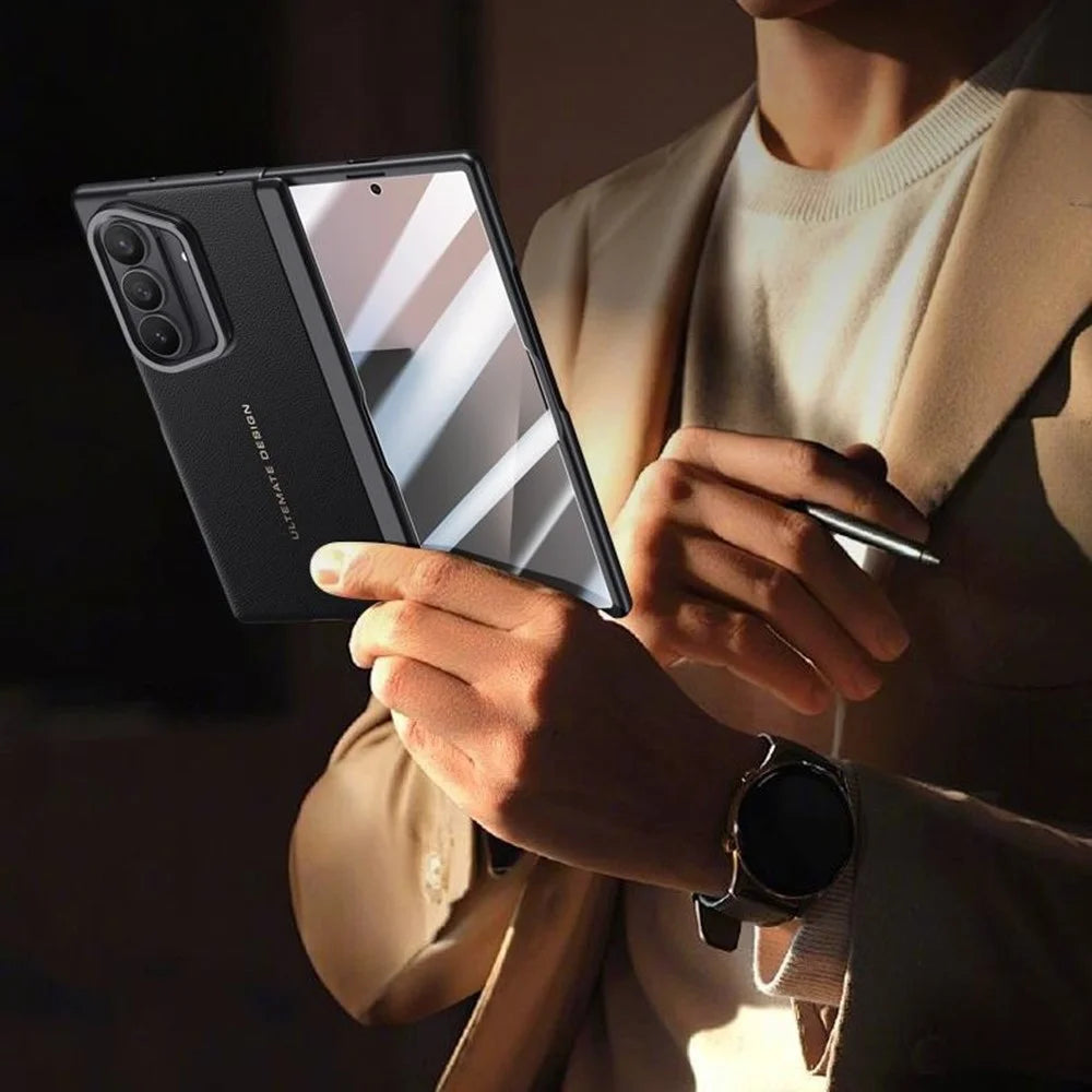For Samsung Galaxy Z Fold7 5G Case Leather + PC Phone Cover with HD Tempered Glass Film, Lens Kickstand - Black - 4