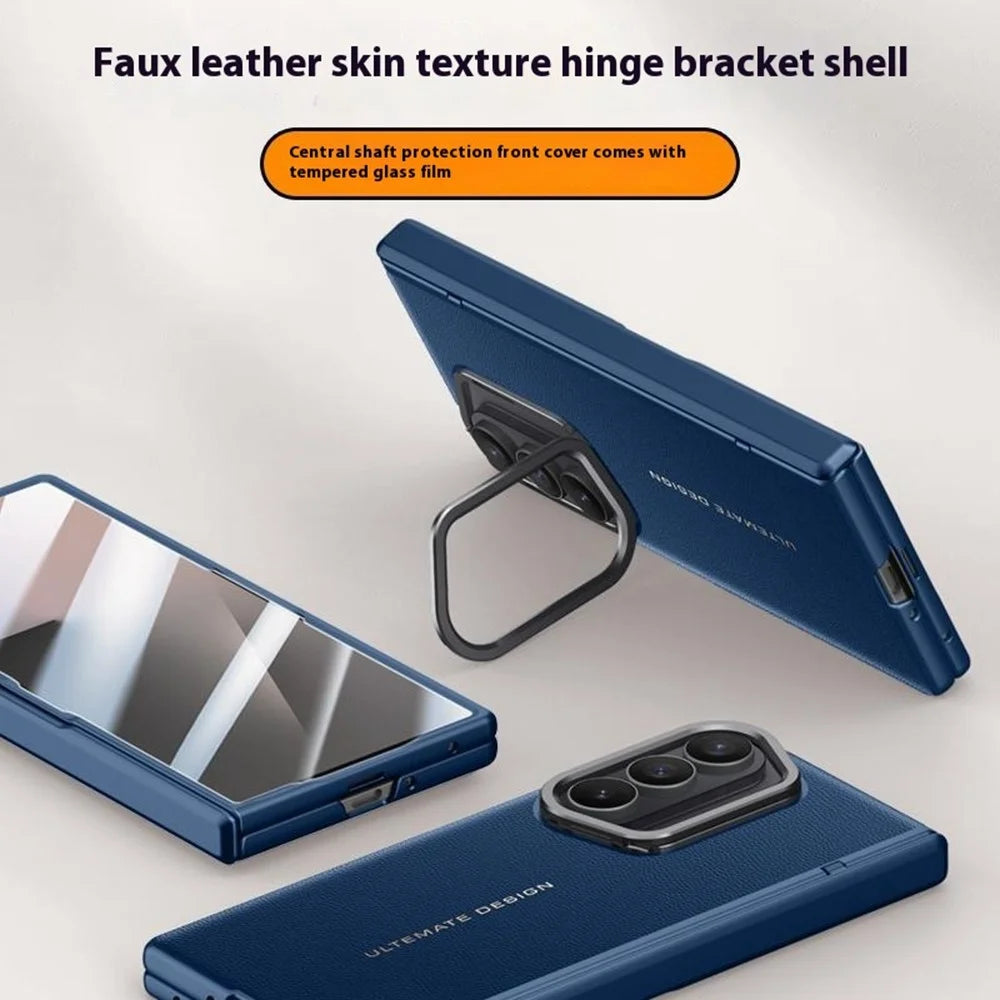 For Samsung Galaxy Z Fold7 5G Case Leather + PC Phone Cover with HD Tempered Glass Film, Lens Kickstand - Black - 5