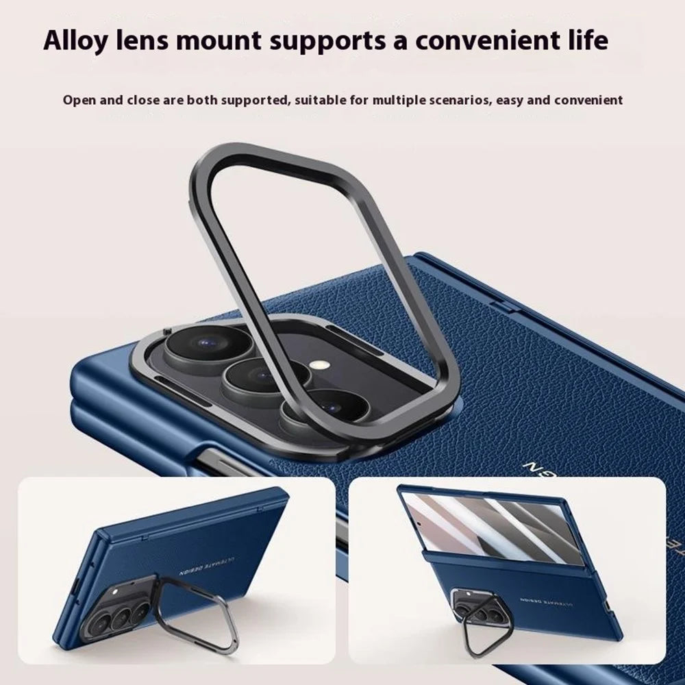 For Samsung Galaxy Z Fold7 5G Case Leather + PC Phone Cover with HD Tempered Glass Film, Lens Kickstand - Black - 6