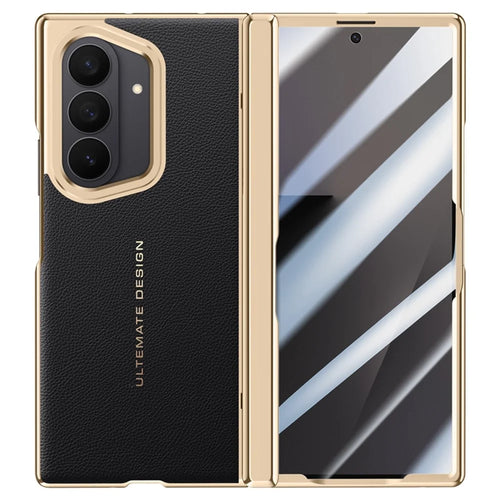 For Samsung Galaxy Z Fold7 5G Case Leather + PC Electroplated Phone Cover with HD Tempered Glass Film, Lens Kickstand - Black - 1