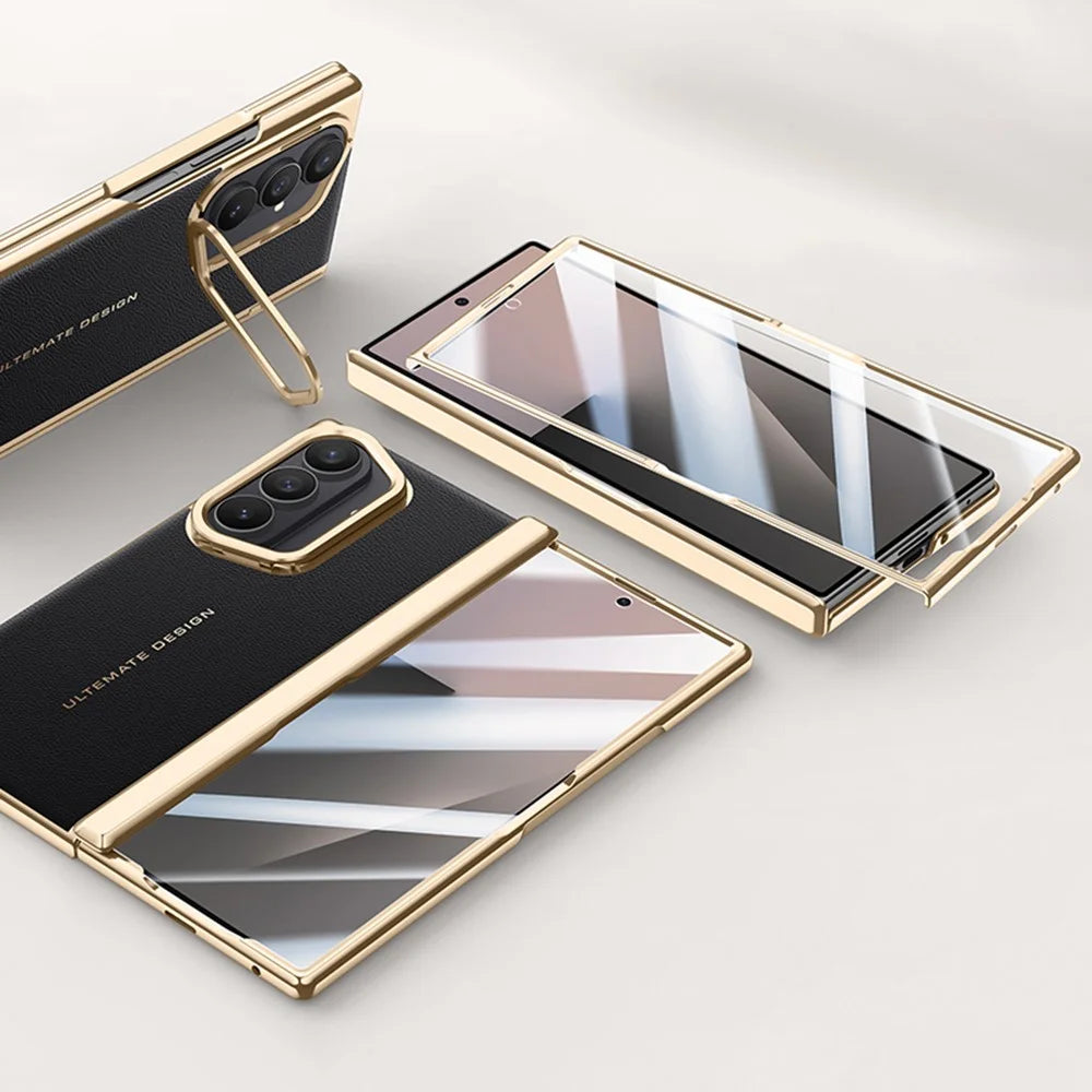 For Samsung Galaxy Z Fold7 5G Case Leather + PC Electroplated Phone Cover with HD Tempered Glass Film, Lens Kickstand - Black - 2
