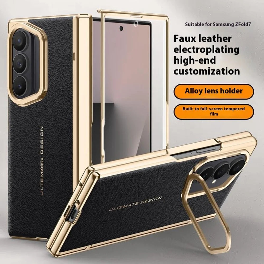 For Samsung Galaxy Z Fold7 5G Case Leather + PC Electroplated Phone Cover with HD Tempered Glass Film, Lens Kickstand - Black - 3