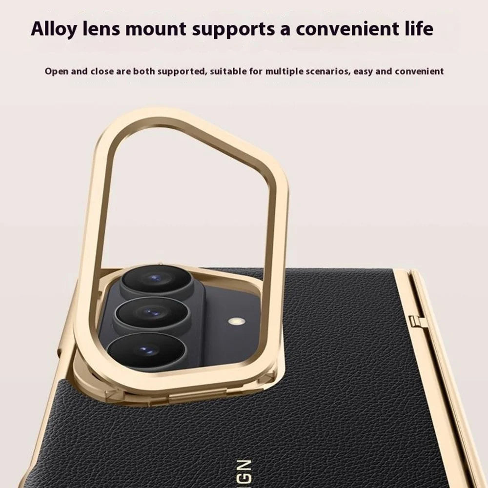 For Samsung Galaxy Z Fold7 5G Case Leather + PC Electroplated Phone Cover with HD Tempered Glass Film, Lens Kickstand - Black - 4