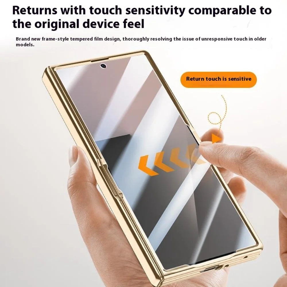 For Samsung Galaxy Z Fold7 5G Case Leather + PC Electroplated Phone Cover with HD Tempered Glass Film, Lens Kickstand - Black - 5
