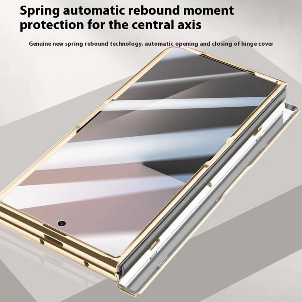 For Samsung Galaxy Z Fold7 5G Case Leather + PC Electroplated Phone Cover with HD Tempered Glass Film, Lens Kickstand - Black - 6