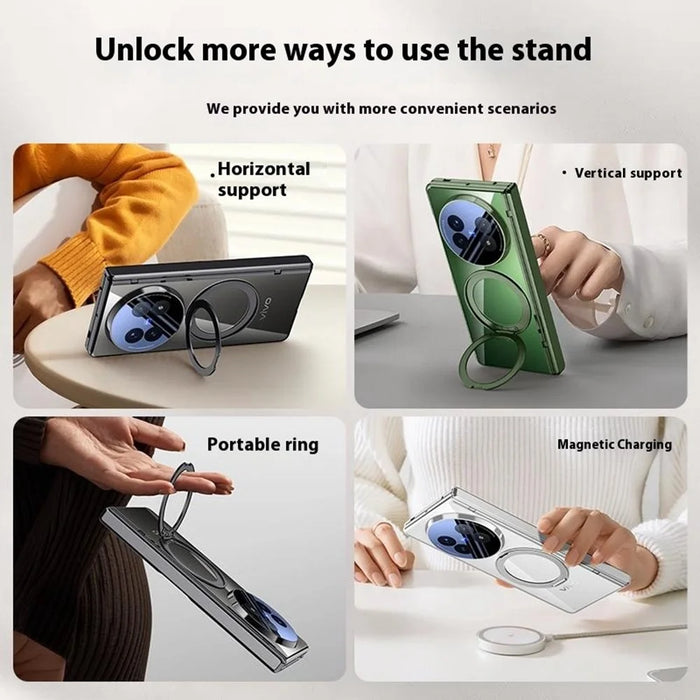 For vivo X Fold5 5G Magnetic Case Kickstand Electroplated PC Phone Cover with Screen Protector - Black - 6
