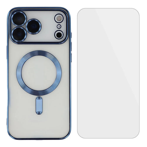 For iPhone 17 Pro Magnetic Case CD Veins Glass Lens Guard TPU Phone Back Cover with Screen Film - Blue - 1
