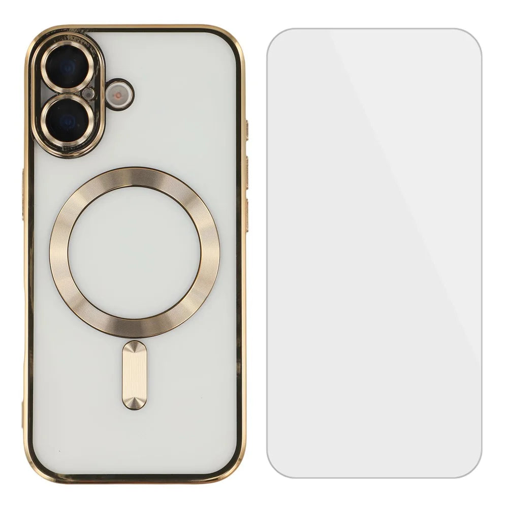 For iPhone 17 Magnetic Case CD Veins Glass Lens Guard TPU Phone Back Cover with Screen Film - Gold - 1