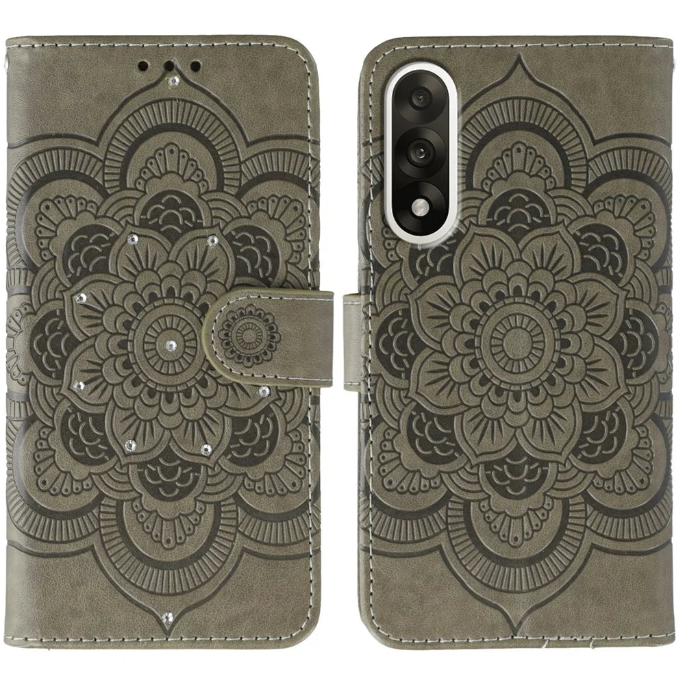 For OnePlus Ace 5 Ultra 5G / Nord 5 5G Case Rhinestone Decor PU Leather Mandala Imprint Design Phone Cover with Wrist Strap - Grey - 1