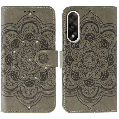 For OnePlus Ace 5 Ultra 5G / Nord 5 5G Case Rhinestone Decor PU Leather Mandala Imprint Design Phone Cover with Wrist Strap - Grey - 1