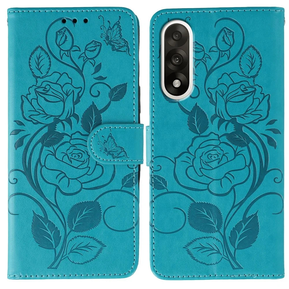 For OnePlus Ace 5 Ultra 5G / Nord 5 5G Case Wallet Stand Imprinted Rose Butterfly PU Leather Phone Cover - Blue - 1