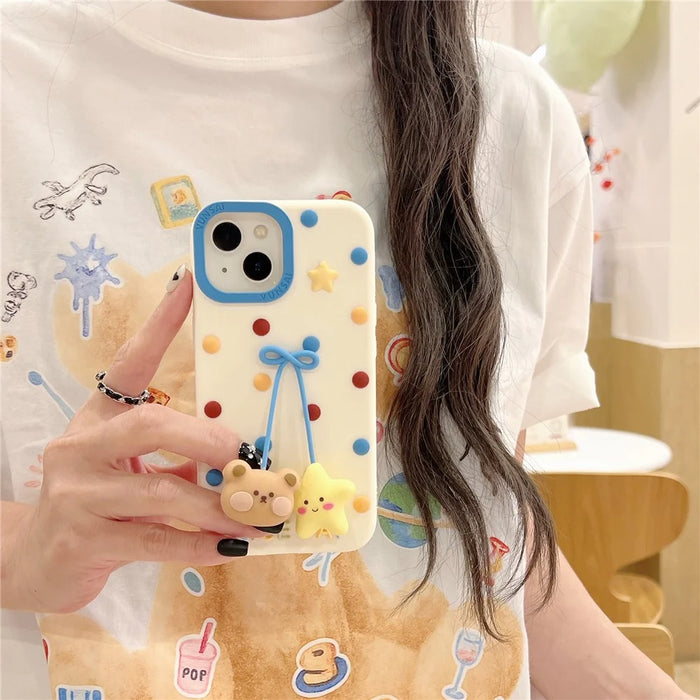 For iPhone 15 Silicone Case Cute Dot Pendant Bear Design Shockproof Phone Back Cover - 3