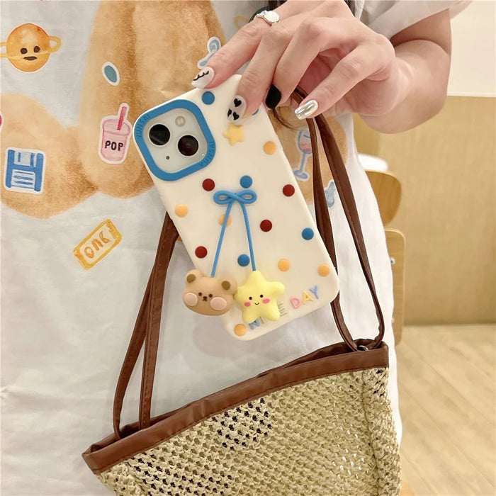 For iPhone 15 Silicone Case Cute Dot Pendant Bear Design Shockproof Phone Back Cover - 7