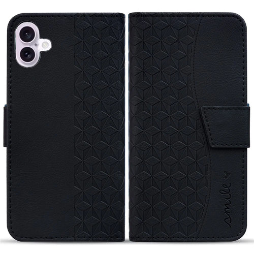 For iPhone 17 Case Rhombus Pattern Leather Wallet Phone Cover with Wrist Strap - Black - 1