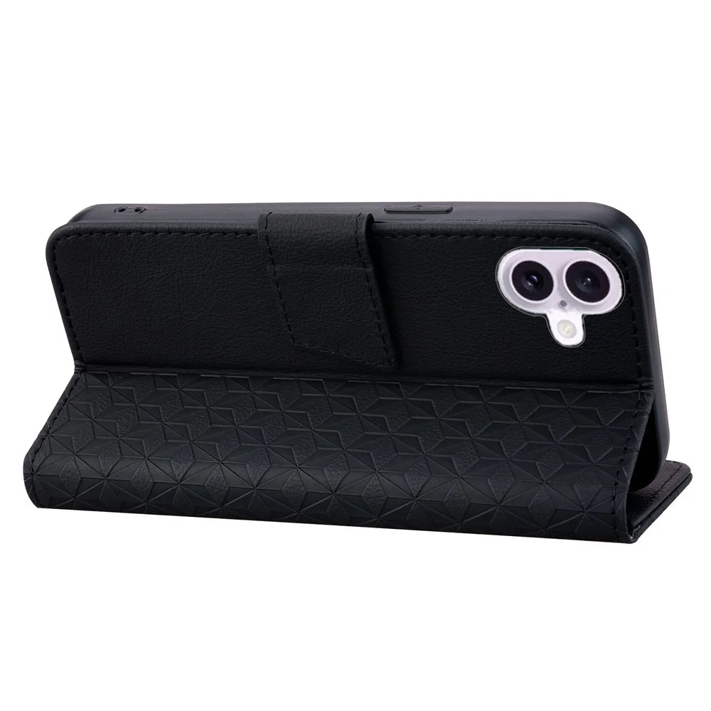 For iPhone 17 Case Rhombus Pattern Leather Wallet Phone Cover with Wrist Strap - Black - 4