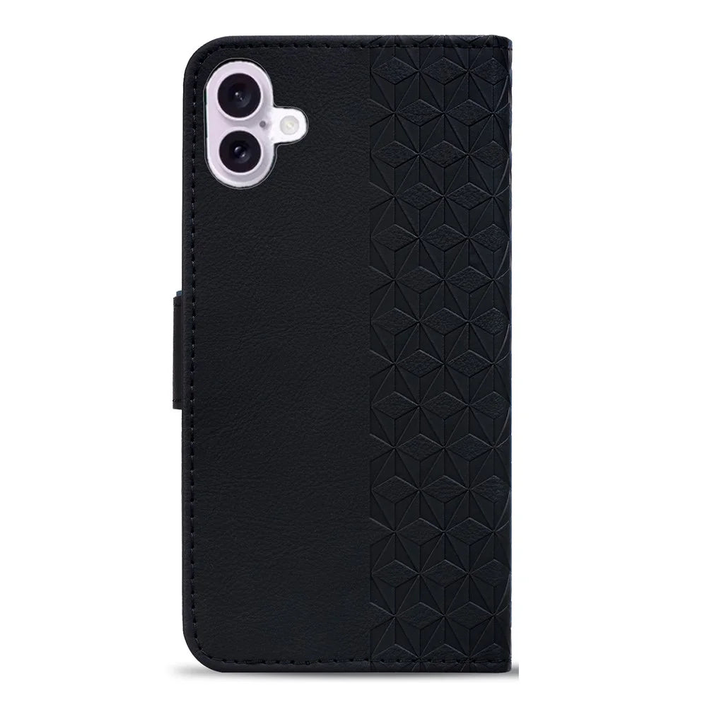 For iPhone 17 Case Rhombus Pattern Leather Wallet Phone Cover with Wrist Strap - Black - 7
