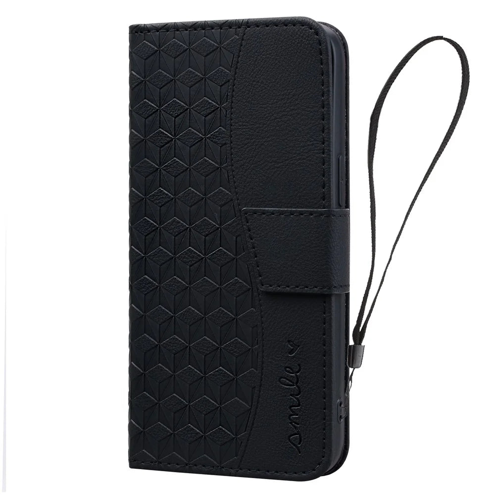 For iPhone Air Case Rhombus Pattern Leather Wallet Phone Cover with Wrist Strap - Black - 6