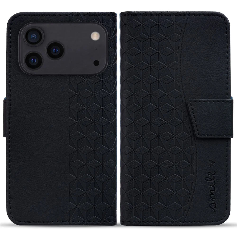 For iPhone 17 Pro Case Rhombus Pattern Leather Wallet Phone Cover with Wrist Strap - Black - 1
