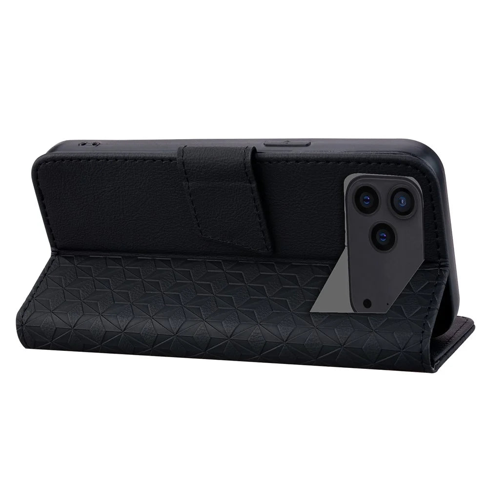 For iPhone 17 Pro Case Rhombus Pattern Leather Wallet Phone Cover with Wrist Strap - Black - 4