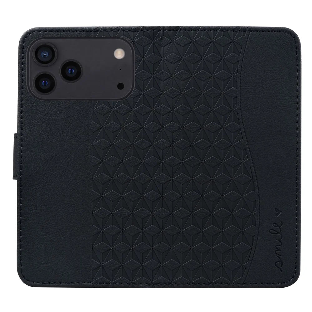For iPhone 17 Pro Case Rhombus Pattern Leather Wallet Phone Cover with Wrist Strap - Black - 5
