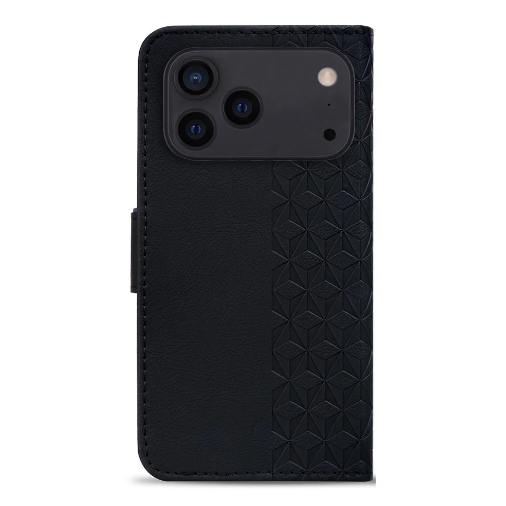 For iPhone 17 Pro Case Rhombus Pattern Leather Wallet Phone Cover with Wrist Strap - Black - 7