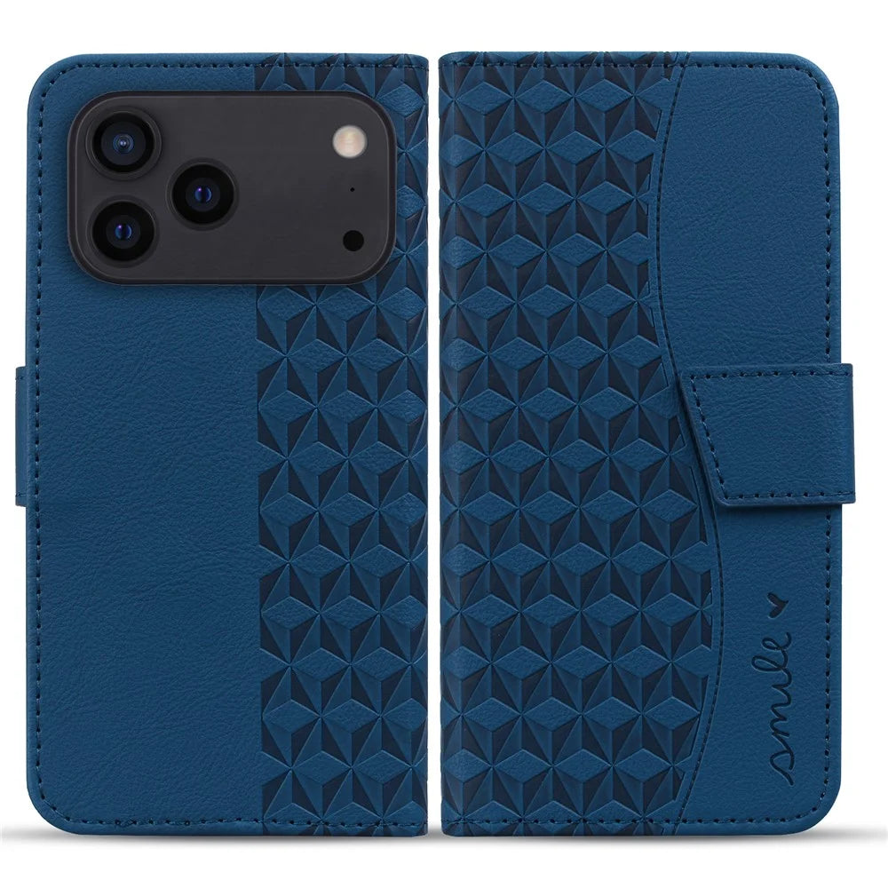 For iPhone 17 Pro Max Case Rhombus Pattern Leather Wallet Phone Cover with Wrist Strap - Blue - 1