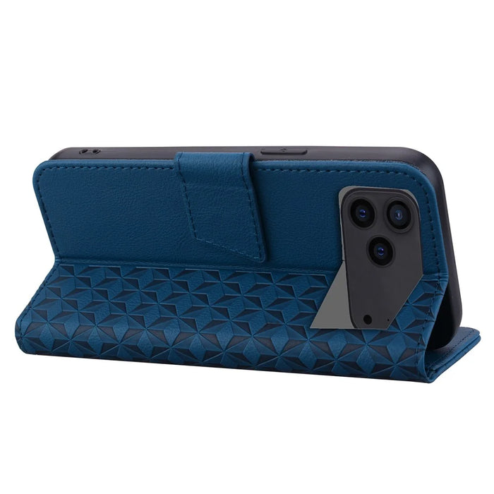 For iPhone 17 Pro Max Case Rhombus Pattern Leather Wallet Phone Cover with Wrist Strap - Blue - 4