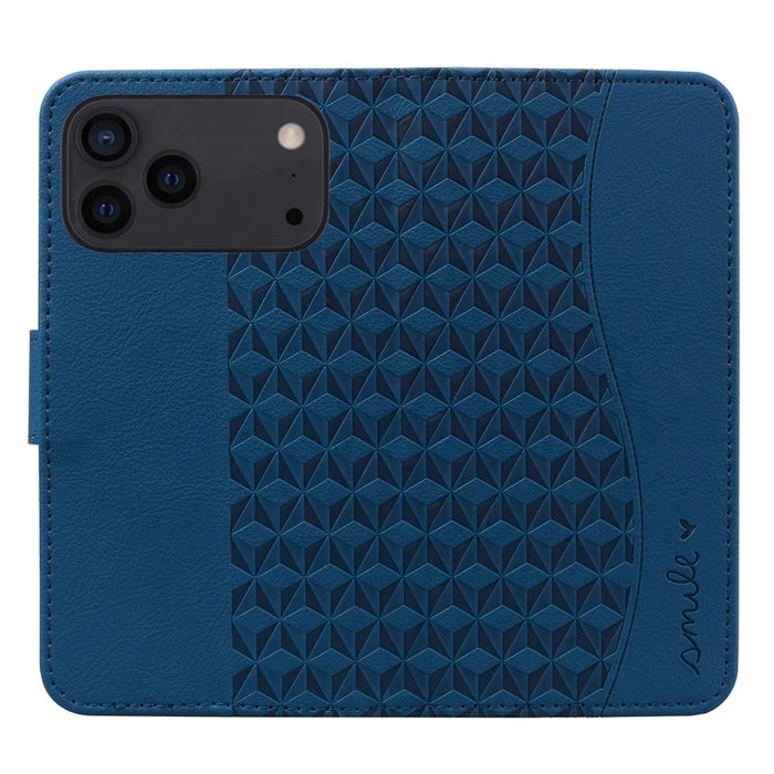 For iPhone 17 Pro Max Case Rhombus Pattern Leather Wallet Phone Cover with Wrist Strap - Blue - 5