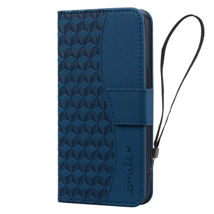 For iPhone 17 Pro Max Case Rhombus Pattern Leather Wallet Phone Cover with Wrist Strap - Blue - 6