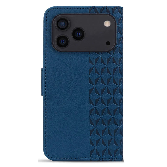 For iPhone 17 Pro Max Case Rhombus Pattern Leather Wallet Phone Cover with Wrist Strap - Blue - 7