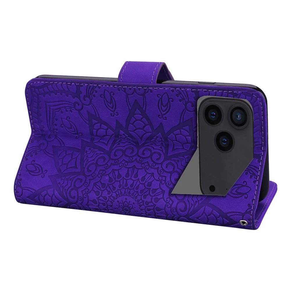 For iPhone 17 Pro Max Case Flower Imprinted PU Leather Wallet Flip Phone Cover with Wrist Strap - Purple - 4