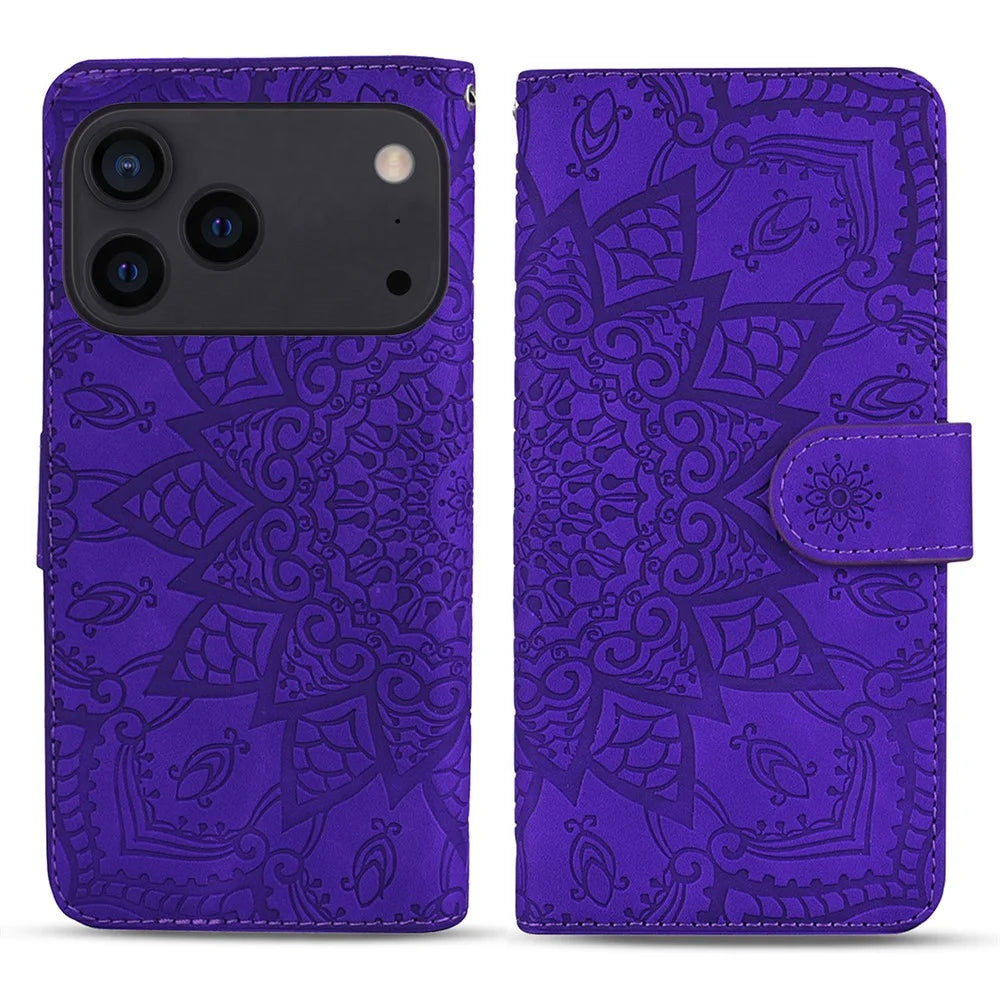 For iPhone 17 Pro Case Flower Imprinted PU Leather Wallet Flip Phone Cover with Wrist Strap - Purple - 1