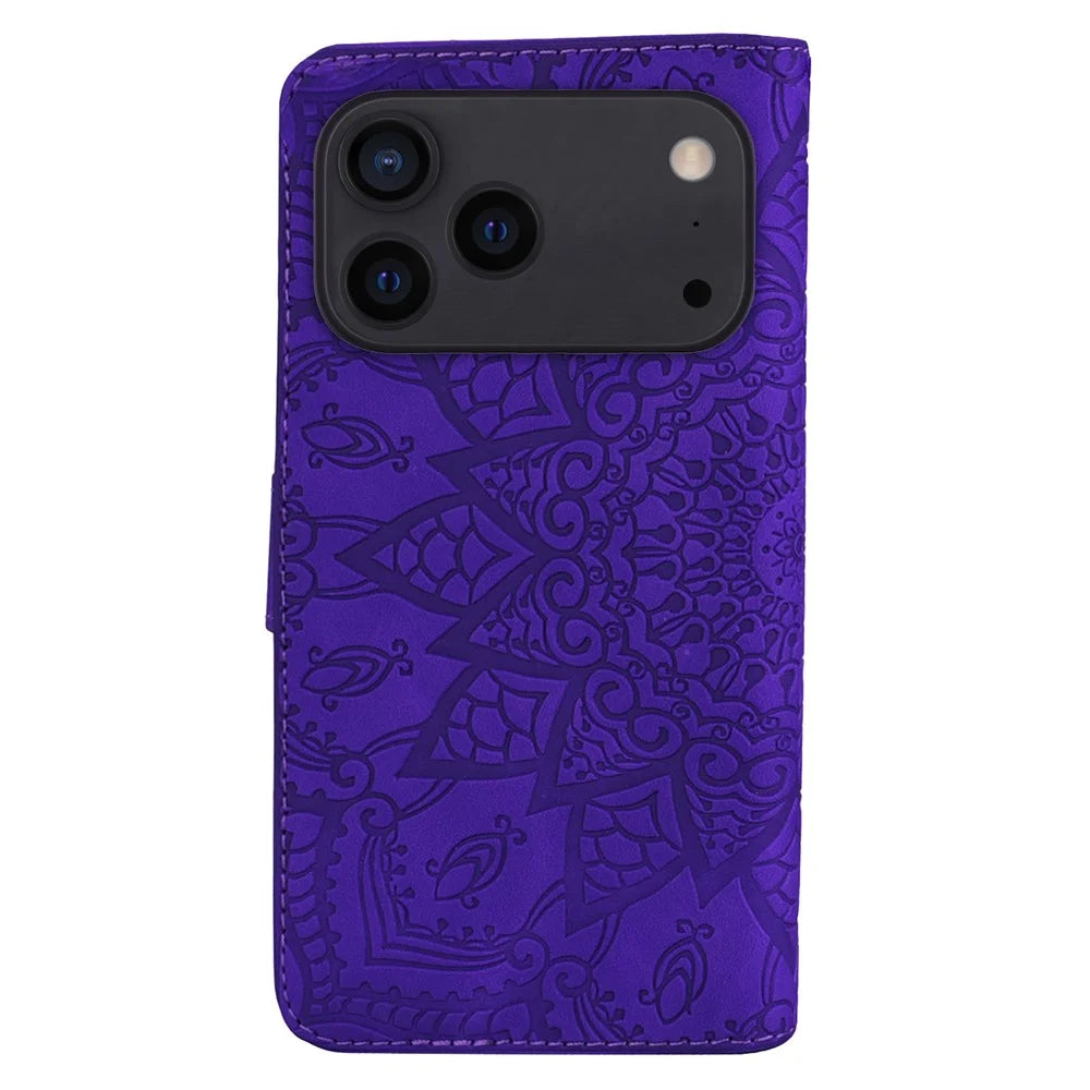 For iPhone 17 Pro Case Flower Imprinted PU Leather Wallet Flip Phone Cover with Wrist Strap - Purple - 6